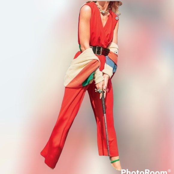 CAbi #5773 Uptown Sleeveless Red Jumpsuit one piece wrap front - Picture 4 of 11